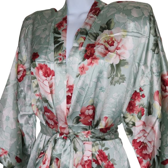 Vintage California Dynesty Full Length Satin Robe Green Floral Shoulder Pads NEW - Picture 4 of 12